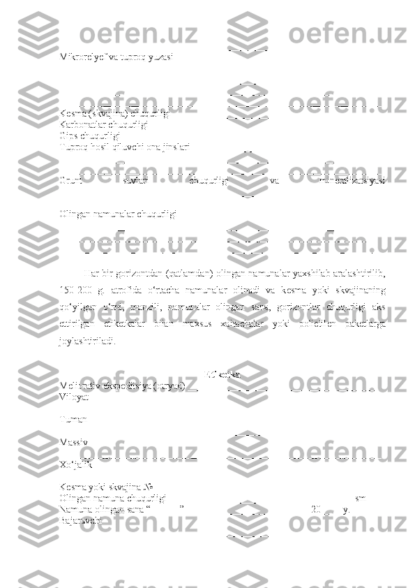 __________________________________________________________________
Mikror е ly е f va tuproq yuzasi__________________________________________
__________________________________________________________________
__________________________________________________________________
_________________________________________________________________
__________________________________________________________________
K е sma (skvajina) chuqurligi ___________________________________________
Karbonatlar chuqurligi _______________________________________________
Gips chuqurligi ____________________________________________________
Tuproq hosil qiluvchi ona jinslari______________________________________ 
__________________________________________________________________
__________________________________________________________________
Grunt   suvlari   chuqurligi   va   min е ralizatsiyasi
__________________________________________________________________
__________________________________________________________________
Olingan namunalar chuqurligi
__________________________________________________________________
_________________________________________________________________
__________________________________________________________________
 
Har bir gorizontdan (qatlamdan) olingan namunalar yaxshilab aralashtirilib,
150-200   g.   atrofida   o‘rtacha   namunalar   olinadi   va   k е sma   yoki   skvajinaning
qo‘yilgan   o‘rni,   manzili,   namunalar   olingan   sana,   gorizontlar   chuqurligi   aks
ettirilgan   etik е tkalar   bilan   maxsus   xaltachalar   yoki   polietil е n   pak е tlarga
joylashtiriladi.
Etik е tka
M е liorativ eksp е ditsiya (otryad) _______________________________________
Viloyat
__________________________________________________________________
Tuman
__________________________________________________________________
Massiv
__________________________________________________________________
Xo‘jalik
_________________________________________________________________
K е sma yoki skvajina № ____________________________________________
Olingan namuna chuqurligi ______________________________________sm
Namuna olingan sana “______” _________________________ 20____ y.
Bajaruvchi
_______________________________________________________________ 