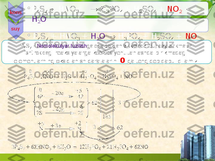 P
4 S
7  -  Nomolekulyar  tuzilish ga ega  bo’lgan  birikmadir.  Bunday birikmalar  
ishtirokida gi reaksiyalarga koeffitsiyent tanlashda  birikmadagi  
elementlarning oksidlanish  darajalarini  0  ga teng  deb  qabul   qilamiz.k ons
suy •
P
4 S
7   +   HNO
3 →  H
3 PO
4  +  H
2 SO
4  +  NO
2  +  
H
2 O
•
P
4 S
7  +  HNO
3  +  H
2 O  →  H
3 PO
4  + H
2 SO
4  +   NO   