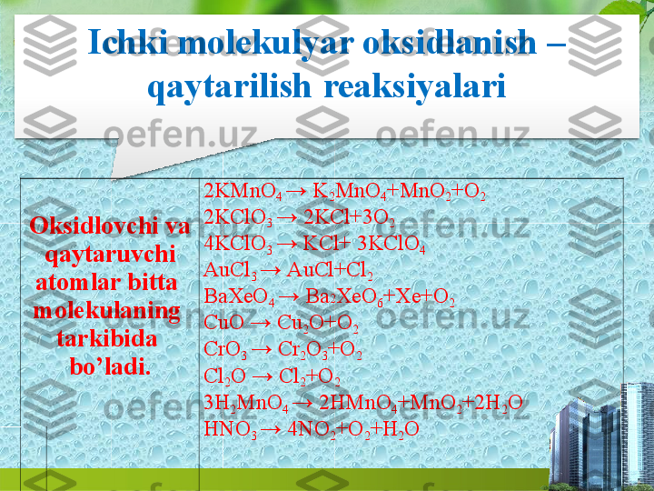 Ichki molekulyar  oksidlanish   –  
qaytarilish   reaksiyalari
Oksidlovchi   va 
 qaytaruvchi  
atomlar bitta  
molekulaning  
tarkibida  
bo’ladi. 2KMnO
4  →   K
2 MnO
4 +MnO
2 +O
2
2KClO
3  →   2KCl+3O
2
4KClO
3  →  KCl+   3KClO
4
AuCl
3  →   AuCl+Cl
2
BaXeO
4  →  Ba 2 XeO
6 +Xe+O
2  
CuO →   Cu
2 O+O
2
CrO
3  →   Cr
2 O
3 +O
2
Cl
2 O →   Cl
2 +O
2
3H
2 MnO
4  →  2HMnO
4 +MnO
2 +2H
2 O  
HNO
3  →   4NO
2 +O
2 +H
2 O 