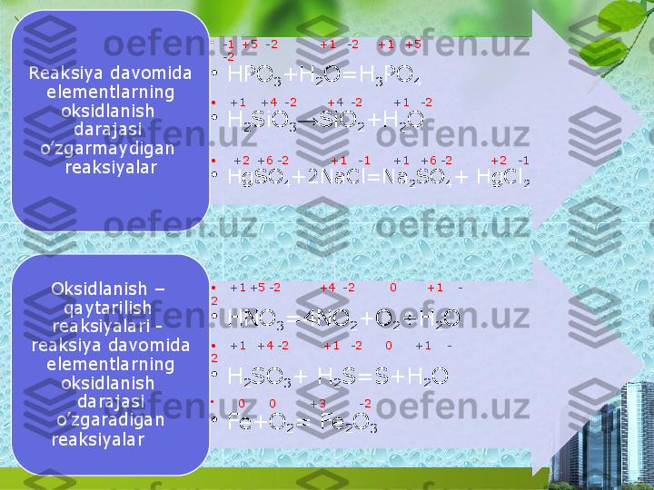 •
-1    +5    -2 +1 -2 +1 +5  
-2
•
HPO
3 +H
2 O=H
3 PO
4
• +1 +4    -2 +4    -2 +1 -2
•
H
2 SiO
3 → SiO
2 +H
2 O
• +2    +6   -2 +1 -1 +1 +6   -2 +2 -1
•
HgSO
4 +2NaCl=Na
2 SO
4 +   HgCl
2Reaksiya  davomida 
 elementlarning  
oksidlanish  
darajasi  
o’zgarmaydigan  
reaksiyalar
• +1   +5 -2 +4    -2 0 +1 -
2
•
HNO
3 =4NO
2 +O
2 +H
2 O
• +1 +4   -2 +1 -2 0 +1 -
2
•
H
2 SO
3 +   H
2 S=S+H
2 O
•
0 0 +3 -2
•
Fe+O
2 =   Fe
2 O
3Oksidlanish  –  
qaytarilish  
reaksiyalari  -  
reaksiya davomida 
 elementlarning  
oksidlanish  
darajasi
    o’zgaradigan
reaksiyalar   