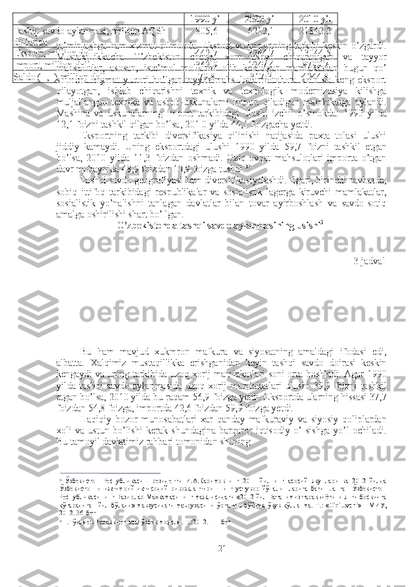 1990 yil 2000 yil 2010 yil
Tashqi savdo aylanmasi, million AQSh 
dollarida 805,6 6212,1 21842.2
Eksport, million doll. 442,7 3264,7 13044,5
Import, million doll. 362,9 1247,4 8799,7
Saldo (+, -) million doll. 79,8 317,3 4244,8ta’minlashga ham xizmat qilmoqda. Eksport va importning tarkibi keskin o’zgardi.
Mustakillikkacha   O’zbekiston   chetga   xom   ashyo   chiqaradigan   va   tayyor
mahsulotlar,   asosan,   iste’mol   mollarini   olib   keladigan   mamlakatdan   bugun   qo’
shimcha   qiymat   yuqori   bo’lgan   tayyor   mahsulotlarni   tobora   ko’p   va   keng   eksport
qilayotgan,   ishlab   chiqarishni   texnik   va   texnologik   modernizasiya   kilishga
muljallangan   texnika   va   asbob-uskunalarni   import   qiladigan   mamlakatga   aylandi.
Mashina   va   uskunalarning   import   tarkibidagi   ulushi   izchil   o’smokda:   1990   yilda
12,1  foizni tashkil qilgan bo’lsa,  201 0  yilda  44,1  foizgacha yetdi.
Eksportning   tarkibi   diversifikasiya   qilinishi   natijasida   paxta   tolasi   ulushi
jiddiy   kamaydi.   Uning   eksportdagi   ulushi   1990   yilda   59,7   foizni   tashkil   etgan
bo’lsa,   2010   yilda   11,3   foizdan   oshmadi.   Oziq-ovqat   mahsulotlari   importa   o’tgan
davr mobaynida  48,9  foizdan  10,9  foizga tushdi. 30
Tashqi savdo geografiyasi ham diversifikasiyalashdi. Ilgari, birinchi navbatda,
sobiq   ittifoq   tarkibidagi   respublikalar   va   sosialistik   lagerga   kiruvchi   mamlakatlar,
sosialistik   yo’nalishni   tanlagan   davlatlar   bilan   tovar   ayirboshlash   va   savdo-sotiq
amalga oshirilishi shart bo’ lgan.
O’zbekistonda tashqi savdo aylanmasining usishi 31
3-jadval
Bu   ham   mavjud   xukmron   mafkura   va   siyosatning   amaldagi   ifodasi   edi,
albatta.   Xalqimiz   mustaqillikka   erishganidan   keyin   tashqi   savdo   doirasi   keskin
kengaydi va uning tarkibida uzoq xorij mamlakatlari soni orta boshladi. Agar   1990
yilda   tashqi   savdo   aylanmasida   uzoq   xorij   mamlakatlari   ulushi   39,9   foizni   tashkil
etgan bo’lsa,  2010  yilda bu raqam  56,9  foizga yetdi. Eksportda ularning hissasi  37,7
foizdan  54,8  foizga, importda  42,6  foizdan  59,9  foizga yetdi.
Haqiqiy   bozor   munosabatlari   xar   qanday   mafkuraviy   va   siyosiy   qoliplardan
xoli   va   ustun   bo’lishi   kerak   shundagina   barqaror   iqtisodiy   o’   sishga   yo’l   ochiladi.
Bu tamoyil davlatimiz rahbari tomonidan shuning
30
  Ўзбекистон   Республикаси   Президенти   И . А . Каримовнинг   2011   йилнинг   асосий   якунлари   ва   2012   йилда
Ўзбекистонни   ижтимоий-иқтисодий   ривожлантиришнинг   устувор   йўналишларига   бағишланган   Ўзбекистон
Республикасининг   Вазирлар   Маҳкамасининг  мажлисидаги  «2012  йил   Ватанимиз   тараққиётини  янги   босқичга
кўтарадиган   йил   бўлади»  мавзусидаги   маърузасини   ўрганиш бўйича ўқув қўлланма.-Т.: «O'qituvchi»  НМИУ ,
2012. 36- бет
31
Н.Тўхлиев Тараққиётнинг ўзбек  модели .  Т .:2012.111- бет
21 