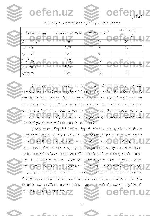 4-jadval
Botiqdagi suv omborlarning asosiy ko’rsatkichlari   
Suv omborlari Ishga tushgan vaqti Maydoni km 2 Suv hajmi , 
mln .  m 3
Chimqo‘rg‘on 1963 44,4 500
Hisorak 1983 16 170
Qamashi 1957 2 18
Nug‘oyli 1975 0,5 4
Bobirtepo
1976 0,6 4
Qalqama 1987 1,2 10
Keltirilgan   suv   omborlari   va   selxonalarni   Chimqo‘rg‘ondan   tashqari
hammasi   asosan   kotlovina   maydonlarini   sug‘orishga   sarflanadi.   Lekin   sug‘orish
davridan   tashqari   vaqtda   ularni   ortiqcha   oqib   chiqqan   suvi   Chimqo‘rg‘on   suv
omboriga yo‘naltiriladi. Yer usti va yer osti suv boyliklari hisobiga hozirgi vaqtda
kotlovinada   100   ming   gektarga   yaqin   yer   sug‘oriladi.   Sug‘oriladigan   yerlarga
birinchi navbatda eng ko‘p suv sarf qiladigan paxta keyin sabzavot ozuqa ekinlari
lalmikori yung‘uchqa va boshqa ekinlar ekilmoqda.
Qashqadaryo   viloyatini   boshqa   joylari   bilan   taqqoslaganda   kotlovinada
dehqonchilikka juda ko‘p suv sarflanar ekan. Albatta, suvni tejashga katta e’tibor
berish   kerak.   Kitob-Shaxrisabz   kotlovinasida   aholi   nisbatan   zich   joylashgan.   Shu
aholini suv iste’molini ham mavjud yer usti va yer osti suv boyliklari ta’minlaydi.
Undan   tashqari   hududda   sanoat   va   qurilish   ob’ektlari   ham   anchagina,   ular   uchun
ham   shu   suvlar   ishlatiladi.   Lekin   shu   o‘rinda   shuni   aytish   kerakki,   sanoat
tarmoqlarida   ishlatiladigan   aksariyat   suvlar   qayta   tozalanmasdan   soylarga,
daryolarga   oqizilmoqda.   Bularni   ham   tezda   oldingi   olish   zarur   deb   hisoblaymiz.
Kotlovinada   chorvachilik   tarmoqlari   ham   ancha   rivojlangan,   ular   uchun   ham   shu
chuchuk   suv   boyliklari   xizmat   qiladi.   Lekin   fermalarda   suvdan   foydalanish
sanitariya holati yomon darajada.
34 