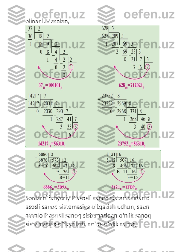 olinadi.Masalan;
Sonlarni ixtiyoriy P asosli sanoq sistemasidan q 
asosli sanoq sistemasiga o’tqazish uchun, saon 
avvalo P asosli sanoq sistemasidan o’nlik sanoq 
sistemasiga o’tkaziladi, so’ng o’nlik sanoq  