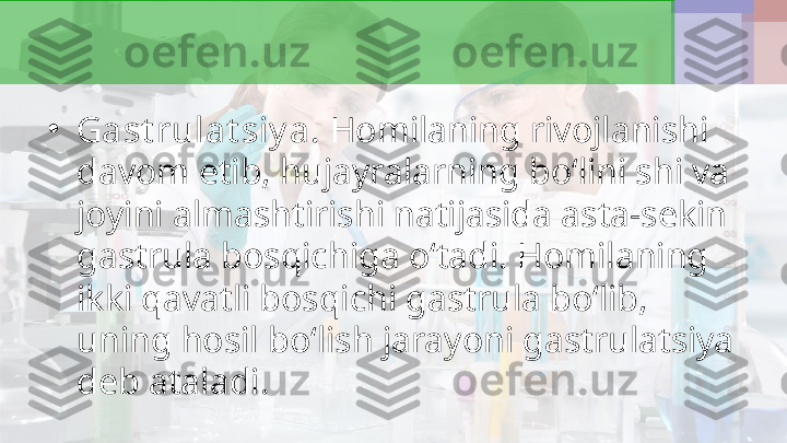 •
Gast rulat siy a.  Homilaning rivojlanishi 
davom etib, hujayralarning bo‘lini shi va 
joyini almashtirishi natijasida asta-sekin 
gastrula bosqichiga o‘tadi. Homilaning 
ikki qavatli bosqichi gastrula bo‘lib, 
uning hosil bo‘lish jarayoni gastrulatsiya 
deb ataladi. 