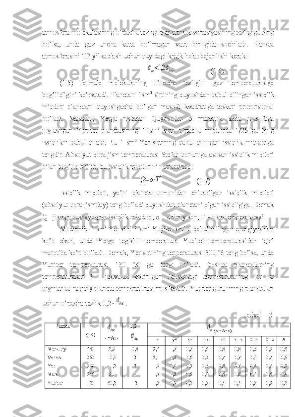 atmosfera molekulasining o’rtacha tezligi planetani dissipasiyasining tezligiga teng
bo’lsa,   unda   gaz   uncha   katta   bo’lmagan   vaqt   birligida   sochiladi.   Planeta
atmosferasini 10 9
 yil saqlash uchun quyidagi kritik holat bajarilishi kerak:
                               ϑm<0,2	ϑдис                     (1.6)
(1.5)   formula   molekulaning   o’rtacha   tezligini   gaz   temperaturasiga
bog’liqligini ko’rsatadi. Planetani 1sm 2
 sirtining quyoshdan qabul qilingan issiqlik
miqdori   planetani   quyoshgacha   bo’lgan   masofa   kvadratiga   teskari   proporsional
bo’ladi.   Masalan,   Yerga   nisbatan   Quyoshdan   5   marotiba   katta   masofaga
joylashgan   Yupiter   planetasining   1   sm 2
  sirti   o’rtacha   miqdorda   1/25   ga   teng
issiqlikni   qabul   qiladi.   Bu   1   sm 2
  Yer   sirtining   qabul   qilingan   issiqlik   miqdoriga
tengdir. Absolyut qora jism temperaturasi Stefan qonuniga asosan issiqlik miqdori
bilan bog’liq bo’lib, bu issiqlik miqdorini nurlantiradi:
                   	
Q=	σ⋅T4                    (1.7)
Issiqlik   miqdori,   ya’ni   planeta   tomonidan   chiqarilgan   issiqlik   miqdori
(absolyut qora jismday) teng bo’ladi quyoshdan planetani olgan issiqligiga. Demak
Q - jismga tushayotgan issiqlik miqdori, σ – doimiy son, T – jism temperaturasi.
Modomiki 1 sm 2
 Yer sirti 1 sm 2
 Yupiter sirtini qabul qilingan energiyasidan
ko’p   ekan,   unda   Yerga   tegishli   temperatura   Yupiter   temperaturasidan   2,24
marotiba ko’p bo’ladi. Demak, Yer sirtining tepperaturasi 300 °S teng bo’lsa, unda
Yupiter   temperaturasi   130   °K   ga   teng   bo’ladi.   boshqa   planetalarning
temperaturalari   3   –   jadvalda   keltirilgan.   Jadvaldagi   temperaturaning   har   bir
qiymatida haqiqiy planeta temperaturasi mos keladi.  Yupiter guruhining planetalari
uchun o’rtacha tezlik 0,2 	
ϑдис .
Jadval – 3.
Planeta T 
(°K)	
ϑдис
km/sek 0,2 	
ϑдис	
ϑm
(km/sek)
H
2 Hye N
2 O
2 H
2 O NH
3 CO
2 CH
4 A
Merkuriy
Venera
Yer
Mars
Yupiter 480
350
300
240
130 3,9
10,3
11,2
5,1
60,2 0,8
2
2
1
12 2,4
2,1
1,9
1,7
1,3 1,7
1,5
1,4
1,2
0,9 0,7
0,6
0,5
0,5
0,3 0,6
0,5
0,5
0,4
0,3 0,8
0,7
0,6
0,6
0,4 0,8
0,7
0,7
0,6
0,4 0,5
0,4
0,4
0,4
0,3 0,9
0,7
0,7
0,6
0,5 0,6
0,5
0,5
0,4
0,3 