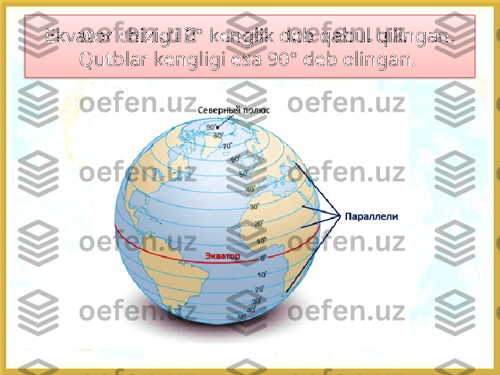 Ekvator chizig‘i 0° kenglik deb qabul qilingan. 
Qutblar kengligi esa 90° deb olingan.    