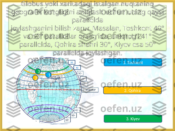 Globus yoki xaritadagi istalgan nuqtaning 
geografik kengligini aniqlash uchun uning qaysi 
parallelda
joylashganini bilish zarur. Masalan, Toshkent 40° 
va 50° parallellar oralig‘ida, aniqrog‘i 41° 
parallelda, Qohira shahri 30°, Kiyev esa 50° 
parallelda joylashgan.
2 13 1. Toshkent
2. Qohira
3. Kiyev4050     