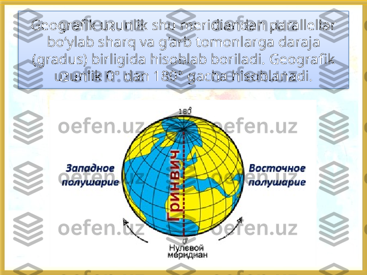 Geografik uzunlik shu meridiandan parallellar 
bo‘ylab sharq va g‘arb tomonlarga daraja 
(gradus) birligida hisoblab boriladi. Geografik 
uzunlik 0° dan 180° gacha hisoblanadi.   