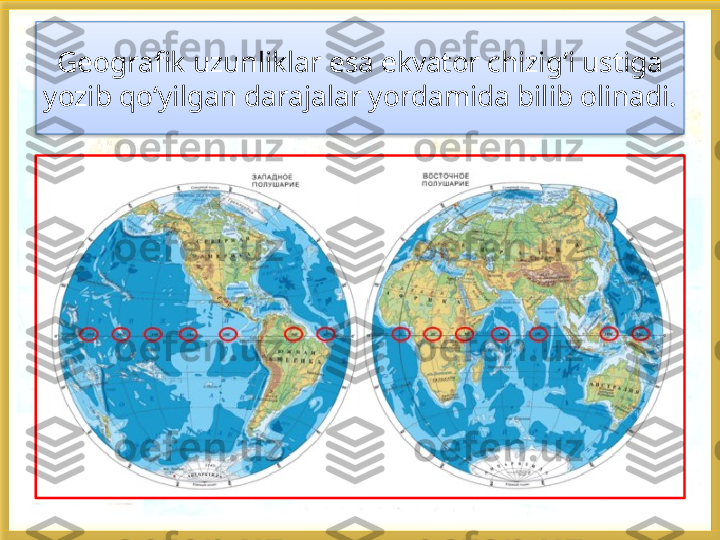 Geografik uzunliklar esa ekvator chizig‘i ustiga 
yozib qo‘yilgan darajalar yordamida bilib olinadi.    