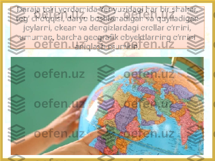 Daraja to‘ri yordamida Yer yuzidagi har bir shahar, 
tog‘ cho‘qqisi, daryo boshlanadigan va quyiladigan 
joylarni, okean va dengizlardagi orollar o‘rnini, 
umuman, barcha geografik obyektlarning o‘rnini 
aniqlash mumkin.   