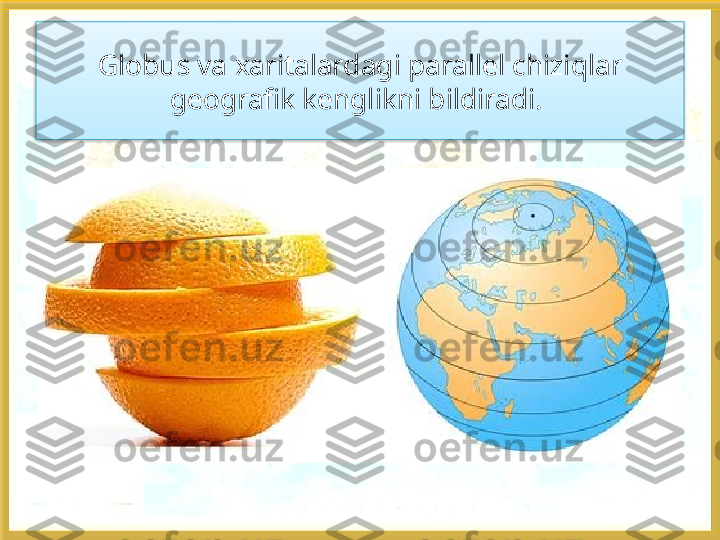 Globus va xaritalardagi parallel chiziqlar 
geografik kenglikni bildiradi.    