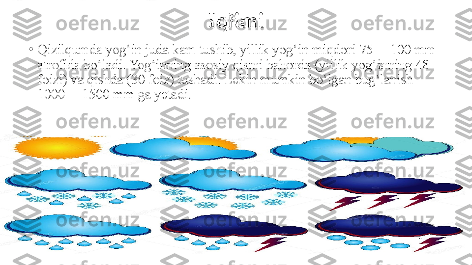 Iqlimi
•
Qizilqumda yog‘in juda kam tushib, yillik yog‘in miqdori   75 —100 mm 
atrofida bo‘ladi. Yog‘inning asosiy qismi bahorda   (yillik yog‘inning 48 
foizi) va qishda (30 foiz) tushadi. Lekin   mumkin bo‘lgan bug‘lanish 
1000 —1500 mm ga yetadi. 