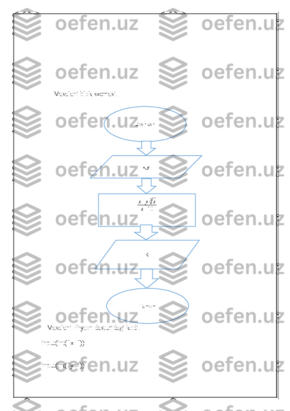        Masalani blok sxemasi.
   Masalani Phyton dasturidagi kodi.
input(int("x="))
input(int("y=")) Boshlash
x,y
x + y 2√
x
x + 10
K
Tamom 