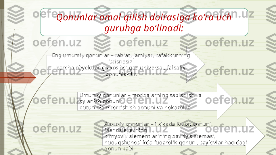 Qonunlar amal qilish doirasiga k o‘ra uch 
guruhga bo‘linadi:
Eng umumiy  qonunlar – t abiat , j amiy at , t afak k urni ng 
ist isnosiz 
barcha oby ek t lari ga xos bo‘lgan univ ersal, falsafi y  
qonunlardir.
Umumiy  qonunlar – moddalarning saqlanish v a 
ay lanish qonuni; 
but un ol am t ort ishi sh qonuni v a hok azolar . 
X ususiy  qonunl ar – fi zi k ada K ul on qonuni, 
Mendeley ev ning 
k imy ov iy  element larining dav riy  sist emasi, 
huquqshunosli k da fuqarol ik  qonuni, say lov lar haqidagi  
qonun k abi              