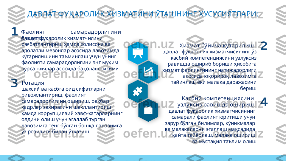 ДАВЛАТ ФУҚ АРОЛИК  Х ИЗМАТИНИ ЎТА ШНИНГ  Х УСУСИЯТЛАРИ:
1
давлат фуқаролик хизматчисини 
рағбатлантириш ҳамда холисона ва 
адолатли мезонлар асосида лавозимда 
кўтарилишини таъминлаш учун унинг 
фаолияти самарадорлигини энг муҳим 
кўрсаткичлар асосида баҳолаш тизимиФ аолият  сам арадорли гини 
баҳ олаш  
3
шахсий ва касбга оид сифатларни 
ривожлантириш, фаолият 
самарадорлигини ошириш, раҳбар 
кадрлар захирасини шакллантириш 
ҳамда коррупциявий хавф-хатарларнинг 
олдини олиш учун эгаллаб турган 
лавозимга тенг бўлган бошқа лавозимга 
ўз розилиги билан ўтказиш Ротация 2
давлат фуқаролик хизматчисининг ўз 
касбий компетенциясини узлуксиз 
равишда ошириб бориши ҳисобига 
хизмат фаолиятининг натижадорлиги 
асосида юқорироқ лавозимга 
тайинлаш ёки малака даражасини 
беришХ и зм ат бў йи ча к ў тарилиш  
4
давлат фуқаролик хизматчисининг 
самарали фаолият юритиши учун 
зарур бўлган билимлар, кўникмалар 
ва малакаларни эгаллаш мақсадида 
қайта тайёрлаш, малака ошириш 
ва мустақил таълим олишК асбий к ом петенцияси ни 
у злу к сиз равиш да ош ириш       