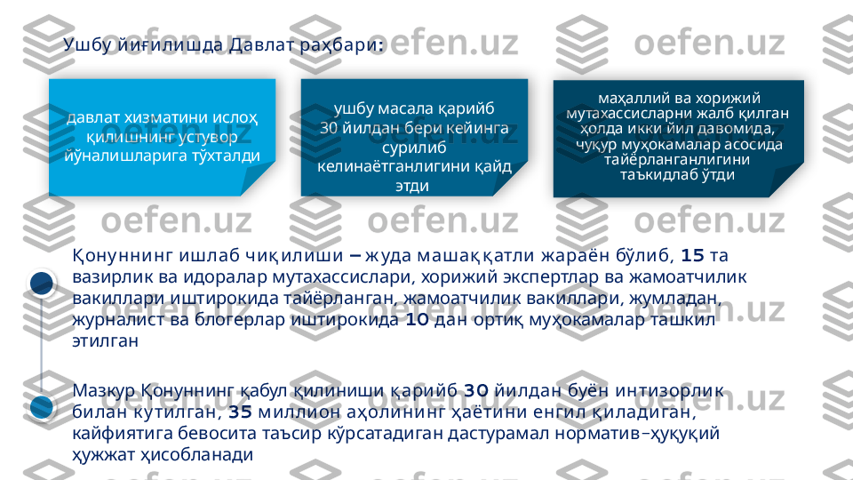        Мазкур Қонуннинг қабул қилиниши қ ари й б   30   	й и лдан буён    	и нти зорли к
 	
би лан к у ти лган ,  35         	м и лли он аҳ оли ни нг ҳ аёти ни енги л қ и лади ган , 
          -  	
кайфиятига бевосита таъсир кўрсатадиган дастурамал норматив ҳуқуқий
 
ҳужжат ҳисобланади      –
Қ ону нни нг и ш лаб чи қ и ли ш и        	ж уда м аш ақ қ атли ж араён бўли б ,  15 	та  
      ,         	
вазирлик ва идоралар мутахассислари хорижий экспертлар ва жамоатчилик
    ,    ,  , 
вакиллари иштирокида тайёрланган жамоатчилик вакиллари жумладан
       
журналист ва блогерлар иштирокида 10 	дан        	ортиқ муҳокамалар ташкил
этилган      	
Уш бу й и ғ и ли ш да Давлат раҳ бари :
давлат хизматини ислоҳ 
қилишнинг устувор 
йўналишларига тўхтал ди ушбу масала қарийб
30 йилдан бери кейинга 
сурилиб 
келинаётганлигини қайд 
этди  маҳаллий ва хорижий 
мутахассисларни жалб қилган 
ҳолда икки йил давомида, 
чуқур муҳокамалар асосида 
тайёрланганлигини 
таъкидлаб ўтди        