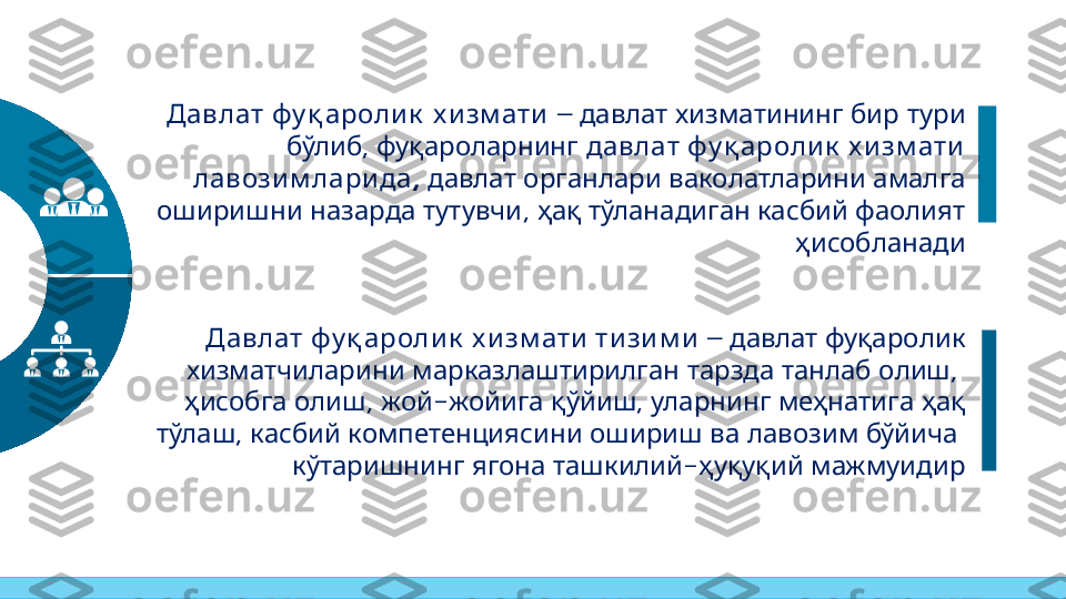    Давлат фу қ ароли к х и зм ати  –         	давлат хизматининг бир тури
,   	
бўлиб фуқароларнинг      	давлат фу қ ароли к х и зм ати
, 	
лавози м лари да        	давлат органлари ваколатларини амалга
    ,	
оширишни назарда тутувчи   ҳақ        	тўланадиган касбий фаолият
ҳисобланади
     	
Давлат фу қ ароли к х и зм ати ти зи м и  –     	давлат фуқаролик
        , 	
хизматчиларини марказлаштирилган тарзда танлаб олиш
  ,  -   ,       
ҳисобга олиш жой жойига қўйиш уларнинг меҳнатига ҳақ
,             	
тўлаш касбий компетенциясини ошириш ва лавозим бўйича
    -  	
кўтаришнинг ягона ташкилий ҳуқуқий мажмуидир 