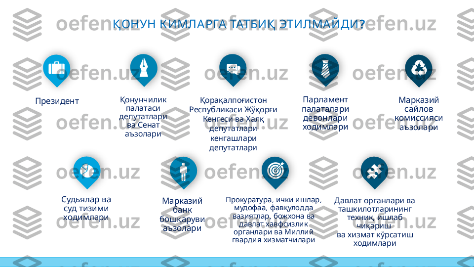       ?Қ ОНУН К ИМЛА РГА ТАТБИҚ ЭТИЛМАЙДИ
Президент Қонунчилик 
палатаси 
депутатлари 
ва Сенат 
аъзолари Қорақалпоғистон 
Республикаси Жўқорғи 
Кенгеси ва Халқ 
депутатлари 
кенгашлари 
депутатлари  	
Парламент
 
палаталари
 
девонлари
ходимлари
Судьялар ва 
суд тизими 
ходимлари  	
Марказий
 	
сайлов
 	
комиссияси
аъзолари
 	
Марказий
 	
банк
 	
бошқаруви
аъзолари ,    , 	
Прокуратура ички ишлар
,   	
мудофаа фавқулодда
,     
вазиятлар божхона ва
   	
давлат хавфсизлик
     	
органлари ва Миллий
 
гвардия хизматчилари Давлат органлари ва 
ташкилотларининг 
техник, ишлаб 
чиқариш 
ва хизмат кўрсатиш 
ходимлари          