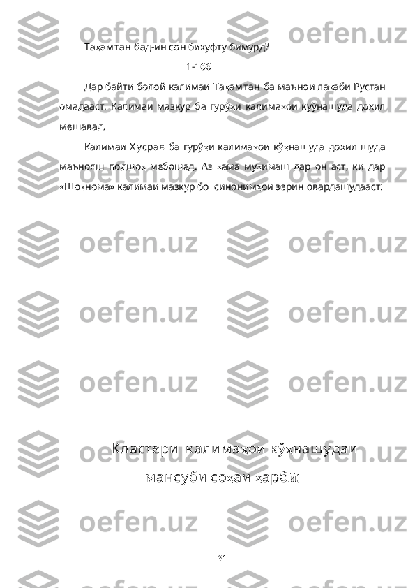Та ҳ ам тан  бад-ин сон бихуфту бимурд?
[ 1-166 ]
Дар байти болой калимаи  Та ҳ ам тан   ба маънои ла қ аби Рустан
омадааст.   Калимаи   мазкур   ба   гурў ҳ и   калима ҳ ои   куўнашуда   дохил
мешавад. 
Калимаи   Х у срав   ба  гурў ҳ и калима ҳ ои кў ҳ нашуда дохил шуда
маънояш   подшо ҳ   мебошад.   Аз   ҳ ама   му ҳ имаш   дар   он   аст,   ки   дар
«Шо ҳ нома» калимаи мазкур бо  синоним ҳ ои зерин   овардашудааст:
   
К ластери   к али м а ҳ ои  к ў ҳ наш у даи
м ансу би  со ҳ аи   ҳ арб ӣ :
31 