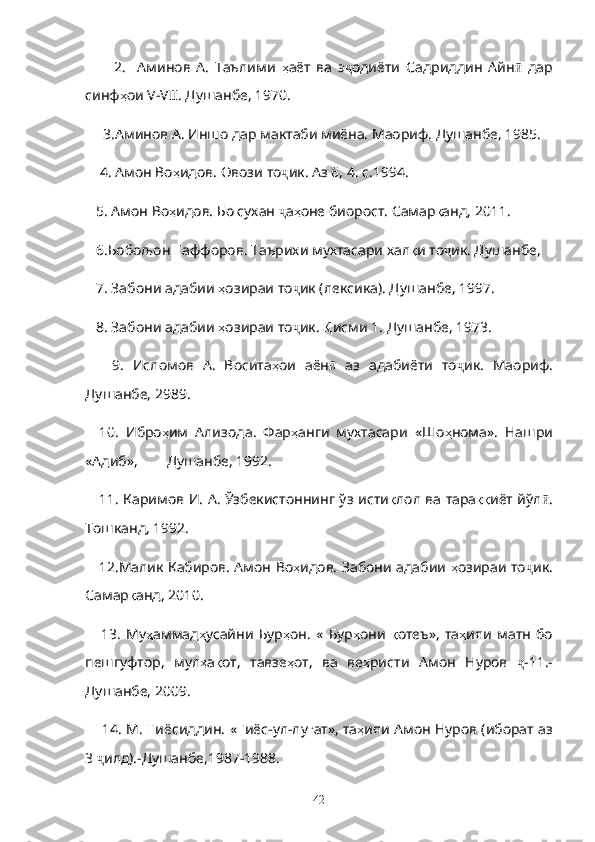           2.     Аминов   А.   Таълими   ҳ аёт   ва   э ҷ одиёти   Садриддин   Айн ӣ   дар
синф ҳ ои  V - VII . Душанбе, 1970.
      3.Аминов А. Иншо дар мактаби миёна. Маориф. Душанбе, 1985.
     4. Амон Во ҳ идов. Овози то ҷ ик. Аз 6, 4. с.1994.
    5. Амон Во ҳ идов. Бо сухан  ҷ а ҳ оне биорост. Самар қ анд, 2011.
    6.Бобољон  Ғ аффоров. Таърихи мухтасари хал қ и то ҷ ик. Душанбе,
    7. Забони адабии  ҳ озираи то ҷ ик (лексика). Душанбе, 1997.
    8. Забони адабии  ҳ озираи то ҷ ик.  Қ исми 1. Душанбе, 1973.
      9.   Исломов   А.   Восита ҳ ои   аён ӣ   аз   адабиёти   то ҷ ик.   Маориф.
Душанбе, 2989.
    10.   Ибро ҳ им   Ализода.   Фар ҳ анги   мухтасари   «Шо ҳ нома».   Нашри
«Адиб»,        Душанбе, 1992.
      11. Каримов И. А. Ўзбекистоннинг ўз исти қ лол ва тара ққ иёт йўл ӣ .
Тошканд, 1992.
      12.Малик Кабиров. Амон Во ҳ идов. Забони адабии   ҳ озираи то ҷ ик.
Самар қ анд, 2010.
      13.   Му ҳ аммад ҳ усайни   Бур ҳ он.   «   Бур ҳ они   қ отеъ»,   та ҳ ияи   матн   бо
пешгуфтор,   мул ҳ а қ от,   тавзе ҳ от,   ва   ве ҳ ристи   Амон   Нуров   ҷ -11.-
Душанбе, 2009.
       14. М.  Ғ иёсиддин. « Ғ иёс-ул-лу ғ ат», та ҳ ияи Амон Нуров (иборат аз
3  ҷ илд).-Душанбе,1987-1988.
42 