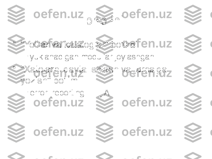 php.ini 
•
"Yo'llar va kataloglar" bo'limi
–
yuklanadigan modullar joylashgan 
•
"Xatolarni qayta ishlash va jurnalga 
yozish" bo'limi
–
error_reporting = E_ALL 