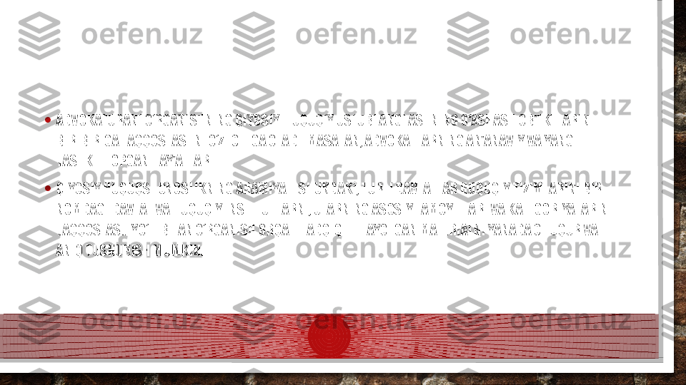 • ADVOKATURANI O‘RGANISHNING QIYOSIY-HUQUQIY USLUBI ANGLASHNING O‘XSHASH OB'EKTLARINI 
BIR-BIRIGA TAQQOSLASHNI O‘Z ICHIGA OLADI. MASALAN, ADVOKATLARNING AN'ANAVIY VA YANGI 
TASHKIL TOPGAN HAY'ATLARI. 
• QIYOSIY HUQUQSHUNOSLIKNING AHAMIYATI SHUNDAKI, TURLI DAVLATLAR HUQUQIY TIZIMLARINI BIR 
NOMDAGI DAVLAT VA HUQUQIY INSTITUTLARNI, ULARNING ASOSIY TAMOYILLARI VA KATEGORIYALARINI 
TAQQOSLASH YO‘LI BILAN O‘RGANISH ORQALI TADQIQ ETILAYOTGAN MATERIALNI YANADA CHUQUR VA 
ANIQ TUSHUNISH MUMKIN.   