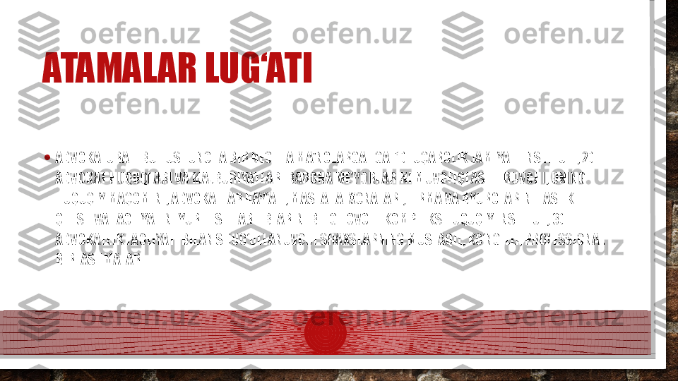 • ADVOKATURA – BU TUSHUNCHA BIR NECHTA MA'NOLARGA EGA: 1) FUQAROLIK JAMIYATI INSTITUTI; 2) 
ADVOKAT HUQUQLARI VA MAJBURIYATLARI BARCHA ME'YORLARINI MUVOFIQLASHTIRUVCHI; UNING 
HUQUQIY MAQOMINI, ADVOKATLAR HAY'ATI, MASLAHATXONALARI, FIRMA VA BYUROLARINI TASHKIL 
QILISH VA FAOLIYATINI YURITISH TARTIBLARINI BELGILOVCHI KOMPLEKS HUQUQIY INSTITUT; 3) 
ADVOKATLIK FAOLIYATI BILAN SHUG‘ULLANUVCHI SHAXSLARNING MUSTAQIL, KO‘NGILLI, PROFESSIONAL 
BIRLASHMALARI.ATAMALAR LUG‘ATI  