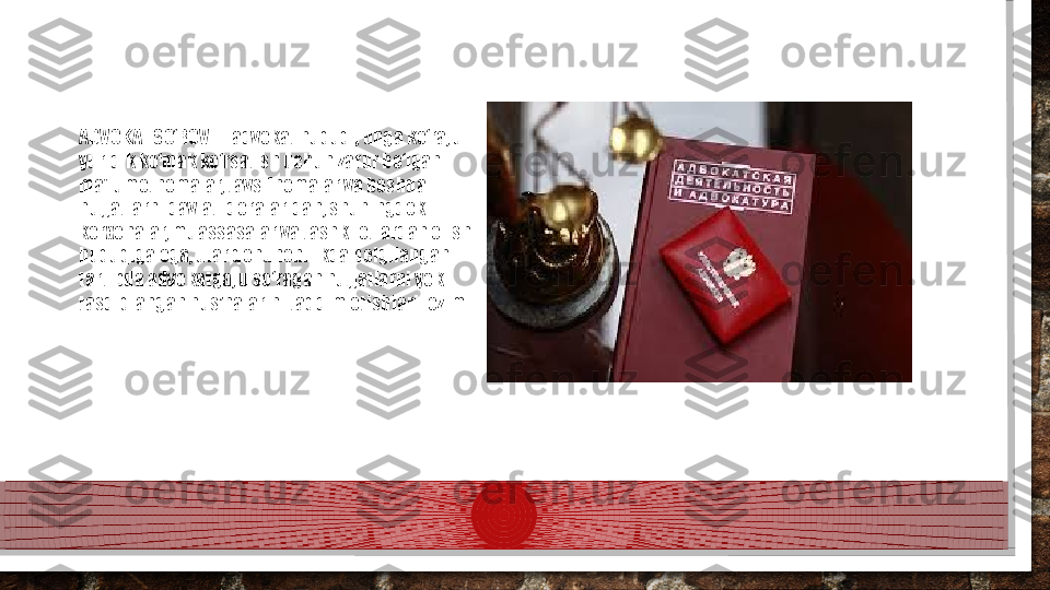 ADVOKAT SO‘ROVI – advokat huquqi, unga ko‘ra, u 
yuridik ko‘mak ko‘rsatish uchun zarur bo‘lgan 
ma'lumotnomalar, tavsifnomalar va boshqa 
hujjatlarni davlat idoralaridan, shuningdek 
korxonalar, muassasalar va tashkilotlardan olish 
huquqiga ega, ular qonunchilikda belgilangan 
tartibda advokatga, u so‘ragan hujjatlarni yoki 
tasdiqlangan nus’halarini taqdim etishlari lozim.  