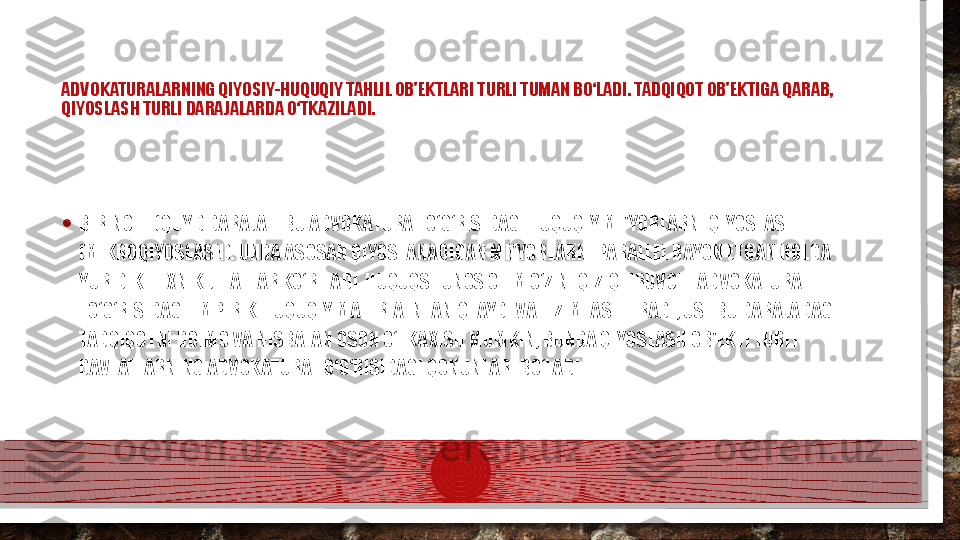 ADVOKATURALARNING QIYOSIY-HUQUQIY TAHLIL OB'EKTLARI TURLI TUMAN BO‘LADI. TADQIQOT OB'EKTIGA QARAB, 
QIYOSLASH TURLI DARAJALARDA O‘TKAZILADI.
• BIRINCHI (QUYI) DARAJA – BU ADVOKATURA TO‘G‘RISIDAGI HUQUQIY ME'YORLARNI QIYOSLASH 
(MIKROQIYOSLASH). UNDA ASOSAN QIYOSLANADIGAN ME'YORLARNI PARALLEL BAYON ETGAN HOLDA 
YURIDIK-TEXNIK JIHATLAR KO‘RILADI. HUQUQSHUNOS OLIM O‘ZINI QIZIQTIRUVCHI ADVOKATURA 
TO‘G‘RISIDAGI EMPIRIK-HUQUQIY MATERIALNI ANIQLAYDI VA TIZIMLASHTIRADI; USHBU DARAJADAGI 
TADQIQOTNI DOIMO VA NISBATAN OSON O‘TKAXISH MUMKIN, BUNDA QIYOSLASH OB'EKTI TURLI 
DAVLATLARNING ADVOKATURA TO‘G‘RISIDAGI QONUNLARI BO‘LADI.  