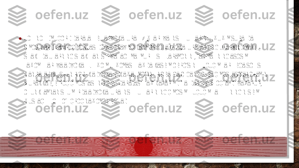 • UCHINCHI (YUQORI) DARAJA – BU ADVOKATURA TIZIMLARI VA INSTITUTLARINI UMUMIY SURATDA 
QIYOSLASH (MAKROQIYOSLASH). ZAMONAVIYO DUNYODAGI ADVOKATURALARNING ULARNING YAXLIT 
SHAKLIDA ULARNING SHAKLLANISHI VA FAOLIYAT YURITISHI JARAYONINI, FAOIYATINING ASOSIY 
TAMOYILLARI VA ADVOKAT IJTIMOIY HIMOYASI HAMDA KASBIY OBRO‘SINI HUQUQIY TARTIBGA SOLISH 
MANBALARINI, SHUNINGDEK ADVOKATLIK AMALIYOTINI INOBATGA OLGAN HOLDA QIYOSLASH ANCHAYIN 
MURAKKAB, BIROQ QIYOSLASHNING BU DARAJASI HAM NAZARIY JIHATDAN O‘ZINI OQLAYDI VA ZARUR, 
CHUNKI AYNAN SHU YERDA ADVOKATURA INSTITUTLARINING QIYOSIY-HUQUQIY TAHLILINING NISBIY 
MUSTAQILLIGI TO‘LIQROQ NAMOYON BO‘LADI.  