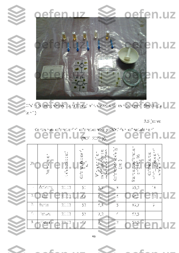 O’simlik   barg   shirasi   tarkibidagi   viruslarni   aniqlash   jarayoni   (Serologik
tahlil)
3.5-jadval
Kartoshka ko'chatlarini ko'chatxonada yetishtirish ko'rsatkichlari 
(2021-2022 y).
№N
am
unalar	
Ekish m
uddati	
K
o
chatlik davri,
ʻ	
kun	
V
iruslar bilan	
oshirilgan holda	
zararlanishi (%
)	
K
o
chatlar tekisligi
ʻ	
(ball)	
Standart ko
chatlar
ʻ	
chiqim
i, %	
K
o
chatlarda
ʻ	
m
inituganaklarni	
shakllanishi
1.
Arizona
20.02 50 5,7 8 95,2 18
2.
Gala
20.02 48 6,1 6 94,1 12
3.
Sante
20.02 52 6,8 5 89,7 9
4.
Feruza
20.02 53 7,2 4 63,5 -
5.
Pikasso 20.02 47 8,1 3 50,5 -
46 