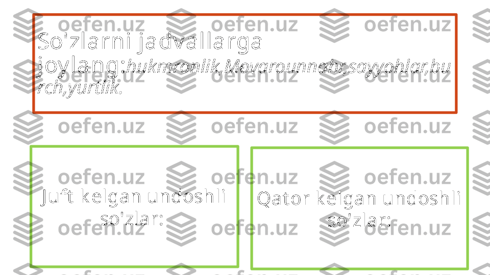 So'zlarni jadv allarga 
joy lang: hukmronlik,Movarounnahr,sayyohlar,bu
rch,yurtlik.
J uft  k elgan undoshli 
so'zlar:  Qat or k elgan undoshli 
so'zlar: 