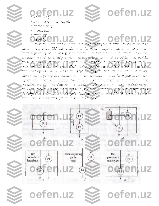 • ketma-ket; 
• axborot (kommunikativ); 
• protsedurali; 
• muvaqqat; 
• mantiqiy; 
• tasodifiy. 
Funksional aloqadorlikda modulning barcha obyektlari bitta funksiyani bajarish
uchun   belgilanadi   (2.1-rasm,   a):   bitta   funksiyani   bajarish   uchun   birlashtirilgan
operatsiyalarni yoki funksiyaga aloqador ma’lumotlar bo‘ladi. Elementlari funksional
aloqador   modul   aniq   belgilangan   maqsadga   ega,   uning   chiqaruvida   bitta   vazifa,
masalan   massiv   minimal   elementini   izlash   tagdasturi   bajariladi.   Bunday   modul
maksimal   aloqadorlikka   ega   bo‘ladi,   uning   yaxshi   texnologik   sifatlari   —   testlash,
modifikatsiyalash   va   kuzatish   oddiyligi   shuning   oqibati   hisoblanadi.   Tuzilmaviy
dekom  pozitsiyaning talablaridan biri  — «bitta  modul  — bitta funksiya»  talabi  ham
aynan   shu   bilan   aloqadordir.   Aynan   shu   tushunchalardan   kelib   chiqqan   holda
modullarresurslar   kutubxonasi   o‘rtasida   funksiyalarning   tuzil   malashmagan
maksimallikdan   qochish   lozim.  Masalan,   matn   muharririni   loyihalashda   tahrir   kirish
funksiyasi nazarda tutilsa, funksiyalar kutubxonasini bir modulda, bir qismini boshqa
modulda tashkillashtirish, modul tashkil etish afzal.
  