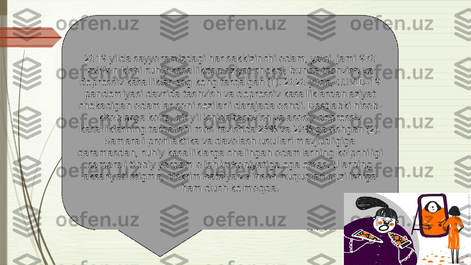 2019 yilda sayyoramizdagi har sakkizinchi odam, ya'ni. jami 970 
million kishi ruhiy kasallikdan aziyat chekdi, bunda tashvish va 
depressiv kasalliklar eng keng tarqalgan (1). 2020 yilda, COVID-19 
pandemiyasi davrida tashvish va depressiv kasalliklardan aziyat 
chekadigan odamlar soni sezilarli darajada oshdi. Dastlabki hisob-
kitoblarga ko'ra, bir yil ichida tashvish va asosiy depressiv 
kasalliklarning tarqalishi mos ravishda 26% va 28% ga oshgan (2). 
Samarali profilaktika va davolash usullari mavjudligiga 
qaramasdan, ruhiy kasalliklarga chalingan odamlarning ko'pchiligi 
samarali tibbiy yordam olish imkoniyatiga ega emas. Ularning 
aksariyati stigma, diskriminatsiya va inson huquqlari buzilishiga 
ham duch kelmoqda.              