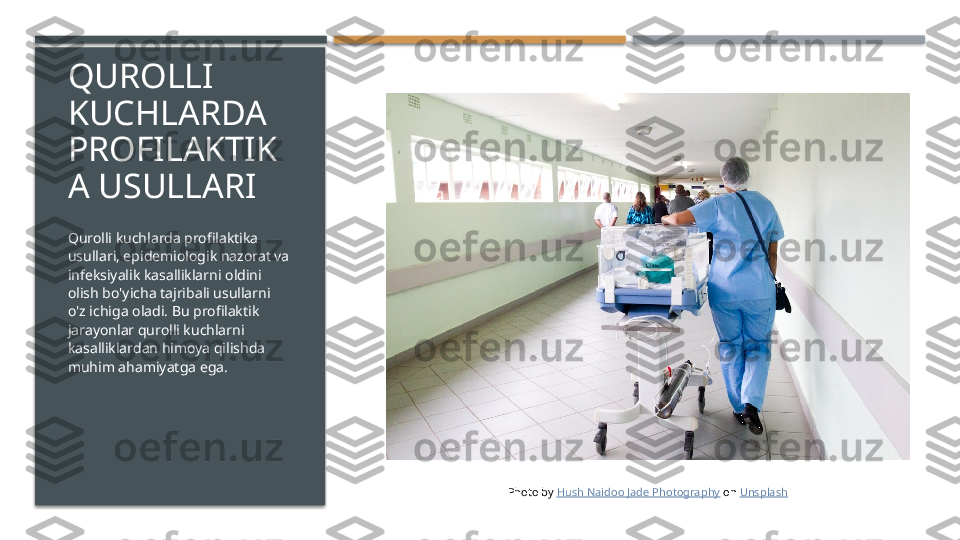 QUROLLI 
KUCHLARDA 
PROFILAKTIK
A USULLARI
Qurolli kuchlarda profilaktika 
usullari, epidemiologik nazorat va 
infeksiyalik kasalliklarni oldini 
olish bo'yicha tajribali usullarni 
o'z ichiga oladi. Bu profilaktik 
jarayonlar qurolli kuchlarni 
kasalliklardan himoya qilishda 
muhim ahamiyatga ega.
Photo by  Hush Naidoo Jade Photography  on  Unsplash     