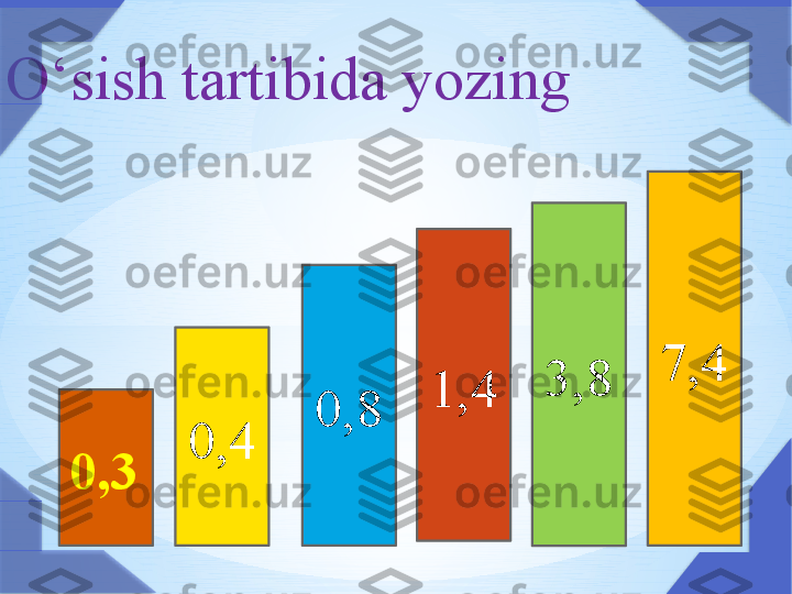 
   O‘sish tartibida yozing        
  
0,4 1,4
0,8 3,8 7,4
0,3       