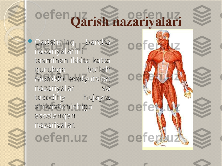 Qarish nazariyalari

Qarishning  barcha 
nazariyalarini 
taxminan ikkita katta 
guruhga  bo'lish 
mumkin:  evolyutsion 
nazariyalar  va 
tasodifiy  hujayra 
shikastlanishiga 
asoslangan 
nazariyalar.       