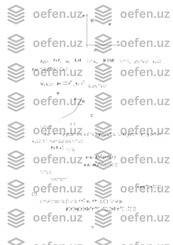 1		
2-1 	
	
	
	
	
	
1	
0
2-2 Agar  	
P=P1   va  	b1>b   bo’lsa,  	|ϕ1|>|ϕ|   bo’lib,   grafiklar   xuddi
yuqoridagidek bo’ladi. 
Masalan: 	
ϕ=1000	τP , 	ϕ1=τP1
 da grafiklar
bo’ladi. 
Lekin  	
τ   ning yetarlicha kichik qiymatlarida funksiyalarning joylashishi
xuddi 2-1. rasmdagidek bo’ladi.	
P>P1>0
 holda 	
ϕ+ϕ1=b1τP1(1+0(1))	
ϕ⋅ϕ1=bb	1τP+P1(1+0(1))
bo’ladi.
Parametrni
                                                                                                               	
τ=cτ	¿α(1+0(1))
(3)
almashtirganda (bunda 	
c>0 va 	α>0 ), (1) funksiya 	
ϕ¿(τ¿)=ϕ(τ)=	bc	Pτ¿Pα	(1+0(1))=	b¿τ¿P¿
(1+0(1))
14  
  