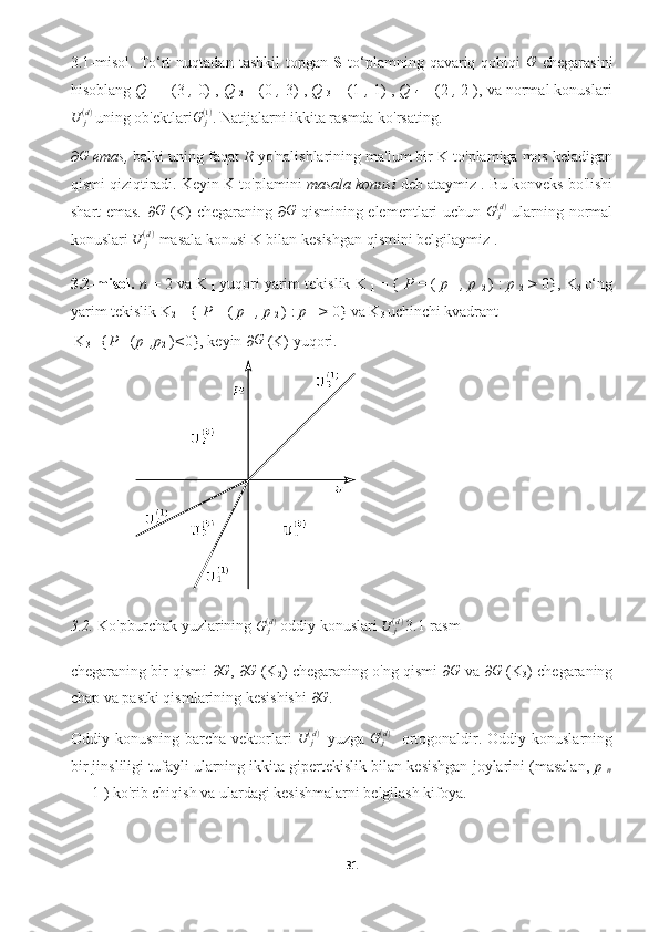 3.1-misol.   To‘rt  nuqtadan   tashkil  topgan   S   to‘plamning  qavariq  qobiqi  G   chegarasini
hisoblang  Q 
1   = (3  ,  0)  ,  Q 
2   = (0  ,  3)  ,  Q 
3   = (1  ,  1)  ,  Q 
4   = (2  ,  2 ) , va normal konuslari
U
j( d )
  uning ob'ektlari	
G	j(1) . Natijalarni ikkita rasmda ko'rsating. 
∂	
G  emas,  balki uning faqat  R  yo'nalishlarining ma'lum bir  K  to'plamiga mos keladigan
qismi qiziqtiradi. Keyin  K to'plamini  masala konusi  deb ataymiz . Bu konveks bo'lishi
shart emas.   ∂	
G   (K)   chegaraning ∂	G   qismining   elementlari uchun   G
j( d )
  ularning normal
konuslari  U
j( d )
   
masala konusi  K bilan kesishgan qismini  belgilaymiz .
3.2-misol.  n  = 2  va  K 
1   yuqori yarim tekislik  K 
1   = {  P  = (  p 
1   , p 
2   ) :  p 
2   >  0} ,  K
2   o‘ng
yarim tekislik  K
2  = {  P  = (  p 
1  , p 
2  ) :  p 
1  >  0}  va  K
3  uchinchi kvadrant
  K
3  ={ P  =( p
1  ,p
2  ) < 0} , keyin  ∂	
G  (K)  yuqori.
 
3.2.  Ko'pburchak yuzlarining  G
j( d )
 oddiy konuslari  U
j( d )
  3.1-rasm
chegaraning bir qismi   ∂ G
,  ∂ G
 (K
2 )  chegaraning o'ng qismi   ∂ G
 va  ∂ G
 (K
3 )  chegaraning
chap va pastki qismlarining kesishishi  ∂ G
.
Oddiy konusning barcha vektorlari   U
j( d )
   
yuzga   G
j( d )
   ortogonaldir. Oddiy konuslarning
bir jinsliligi tufayli ularning ikkita gipertekislik bilan kesishgan joylarini (masalan,  p 
n
= ±1  ) ko'rib chiqish va ulardagi kesishmalarni belgilash kifoya.
31  
  