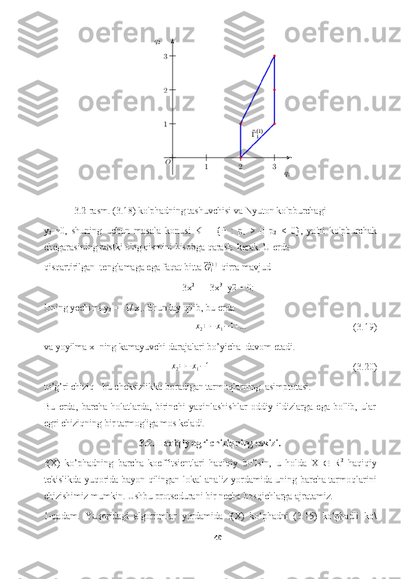 3.2-rasm. (3.18)   ko'phadning tashuvchisi va Nyuton ko'pburchagi 
y
2→ 0,   shuning   uchun   masala   konusi   K   =   {P   :   p
1   >   0   p
2   <   0},   ya'ni   ko'pburchak
chegarasining pastki o'ng qismini hisobga qarash  kerak. U erda 
qisqartirilgan  tenglamaga ega faqat bitta 	
~ G
1( 1 )
   qirra mavjud
3x 2
 
1  + 3x 3
 
1 y	
2  = 0:
Uning yechimi y
2  = -1/ x
1 . Shunday qilib, bu erda
x
2 = − x
1 − 1 + .. .
     (3.19)
va yoyilma x
1  ning kamayuvchi darajalari bo’yicha  davom etadi. 
x
2 = − x
1 − 1
       (3.20)
to’g’ri chiziq - bu cheksizlikka boradigan tarmoqlarning  asimptotasi.
Bu   erda,   barcha   holatlarda,   birinchi   yaqinlashishlar   oddiy   ildizlarga   ega   bo'lib,   ular
egri chiziqning bir tarmog'iga mos keladi.
3.2.   Haqiqiy egri chiziqning eskizi.
f(X)   ko’phadning   barcha   koeffitsientlari   haqiqiy   bo’lsin,   u   holda   X      R 2
  haqiqiy
tekislikda yuqorida bayon qilingan lokal analiz yordamida uning barcha tarmoqlarini
chizishimiz mumkin. Ushbu protsedurani bir necha bosqichlarga ajratamiz.
1-qadam.   Yuqoridagi   algoritmlar   yordamida   f(X)   ko‘phadni   (3.15)   ko‘phadli   ko\
40  
  