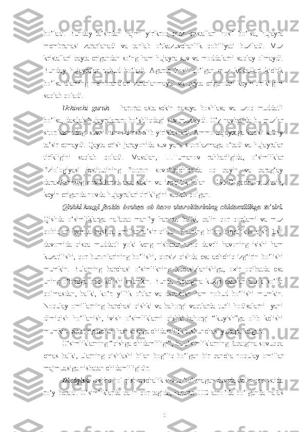 bo‘ladi.   Bunday   ta’sirdan   hajmi   yirikroq   muz   kristallari   hosil   bo‘lsa,   hujayra
membranasi   zararlanadi   va   tanlab   o‘tkazuvchanlik   qobiliyati   buziladi.   Muz
kristallari   qayta  erigandan  so‘ng  ham  hujayra  suv  va moddalarni  saqlay   olmaydi.
Bunday   hujayralar   nobud   bo‘ladi.   Agarda   hosil   bo‘lgan   muz   kristallari   kichik
bo‘lsa   ularning   membranalari   zararlanmaydi   va   qayta   erigandan   keyin   tirikligini
saqlab qoladi.
Uchinchi   guruh   –   harorat   asta-sekin   pasaya   boshlasa   va   uzoq   muddatli
bo‘lsa, dastlab hujayralararo bo‘shliqdagi  suv muzlaydi. O‘z navbatida bu muzlar
sitoplazmadagi suvni ham shimib olib yiriklashadi. Ammo hujayraga kuchli salbiy
ta’sir  etmaydi. Qayta erish jarayonida suv yana sitoplazmaga o‘tadi  va hujayralar
tirikligini   saqlab   qoladi.   Masalan,   I.I.Tumanov   rahbarligida,   o‘simliklar
fiziologiyasi   institutining   fitotron   sovo‘tgichlarida   oq   qayin   va   qarag‘ay
daraxtlarining   novdalarini   asta-sekin   va   izchillik   bilan   –   195 0
C   gacha   muzlatib,
keyin eriganda novda hujayralari tirikligini saqlab qolgan.
Qishki-kuzgi   faslda   boshqa   ob-havo   sharoitlarining   chidamlilikga   ta’siri.
Qishda   o‘simliklarga   nafaqat   manfiy   harorat   balki,   qalin   qor   qoplami   va   muz
qobiqlari   hamda   boshqa   omillar   ta’sir   qiladi.   Shuning   bilan   birgalikda   qish   fasli
davomida   qisqa   muddatli   yoki   keng   nisbatan   uzoq   davrli   havoning   isishi   ham
kuzatilishi,   qor   buronlarining   bo‘lishi,   qorsiz   qishda   esa   achchiq   izg‘irin   bo‘lishi
mumkin.   Bularning   barchasi   o‘simlikning   kuchsizlanishiga,   oxir   oqibatda   esa
uning   o‘limiga   olib   kelishi   mumkin.   Bunda   faqatgina   kuzgi   ekinlar   halok   bo‘lib
qolmasdan,   balki,   ko‘p   yillik   o‘tlar   va   daraxtlar   ham   nobud   bo‘lishi   mumkin.
Noqulay   omillarning   barchasi   qishki   va   bahorgi   vaqtlarda   turli   hodisalarni     yani
dimiqish   ho‘llanish,   ivish   o‘simliklarni   qishki-bahorgi   “kuyish”ga   olib   kelishi
mumkin. Shuning uchun ham qishga chidamlilik tushunchasi yuzaga kelgan.  
O‘simliklarning “qishga chidamliligi”, bu o‘simliklarning faqatgina sovuqqa
emas   balki,   ularning   qishlashi   bilan   bog‘liq   bo‘lgan   bir   qancha   noqulay   omillar
majmuasiga nisbatan chidamliligidir.
Dimiqish.  Ushbu hol qish unchalik sovuq bo‘lmagan davrda qalin qor ostida
ro‘y   beradi.   O‘simliklarda   qalin   qor   tagida,   harorat   00C   atrofida   bo‘lganda   nafas
10 