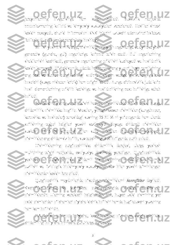 jarayonlarning   o‘zgarishiga   ham   sabab   bo‘ladi.   Suvsizlik   natijasida
protoplazmaning   kolloid   va   kimyoviy   xususiyatlari   zararlanadi.   Oqsillar   sintezi
keskin   pasayadi,   chunki   informasion   RNK   iplarini   uzuvchi   adenozintrifosfataza
faollashadi, polisomalar parchalana boshlaydi.
So‘lish yosh o‘simliklarga, o‘simliklarning yosh organlariga va ayniqsa yosh
generativ   (guncha,   gul)   organlariga   ko‘proq   ta’sir   etadi.   Gul   organlarining
shakllanishi   kechikadi,   generativ   organlarning   to‘kilishi   kuchayadi   va   hosildorlik
keskin kamayadi. O‘zbekistonda odatda haroratning eng yuqori, havo namligining
eng   past   va   tuproq   qurg‘okchiligi   sodir   bo‘ladigan   vaqtga   g‘o‘zaning   gullash
bosqichi   (suvga  nisbatan   kritik)  ham   to‘g‘ri   keladi. Bunga   e’tiborsizlik  juda ko‘p
hosil   elementlarining   to‘kilib   ketishiga   va   hosildorlikning   past   bo‘lishiga   sabab
bo‘ladi.
Suv  taqchilligining  zararli   ta’siri   hamma   o‘simliklarda  bir   xil   emas.   Bunga
chidamlilik   o‘simlikka   bog‘liq.   Masalan,   yorug‘liksevar   o‘simliklar   (kungaboqar,
kartoshka   va   boshqalar)   tanasidagi   suvning   25-30   %   ni   yo‘qotganda   ham   ularda
so‘lishning   tashqi   belgilari   yaxshi   sezilmaydi.   Soyaga   chidamli   o‘simliklar
suvlarni   13-15   %   yo‘qotish   bilan   sulib   qoladilar.   Botqoqlikda   yashovchi
o‘simliklar eng chidamsiz bo‘lib, suv taqchilligi 7 % bo‘lganda qurib qoladi.
O‘simliklarning   qurg‘oqchilikka   chidamlilik   darajasi,   ularga   yashash
muhitining   ta’siri   natijasida,   evolyusiya   davomida   yaratilgan.   Qurg‘oqchilikda
yashovchi   –   qurg‘oqchilikka   chidamli   o‘simliklarning   morfologik,   anatomik
tuzilishi   va   fiziologik–biokimyoviy   xususiyatlari   suv   bilan   yaxshi   ta’minlangan
o‘simliklardan keskin farq qiladi.
Qurg‘oqchilik   maydonlarida   o‘sadigan   o‘simliklarni   kserofitlar   deyiladi.
Kserofitlar   tuproq   va   atmosfera   qurg‘oqchiligida   o‘sishga   moslashgan
o‘simliklardir.   Ularning   xarakterli   belgilaridan   biri,   bu,yer   ustki   qismining   yer
ostki qismlaridan o‘lchamlari o‘yicha kichik bo‘lishi hamda bug‘latuvcni yuzaning
ham kam bo‘lishidir.
P.A.Genkel   ta’limoti   bo‘yicha,   kserofitlarning   o‘zi   ham   qurg‘oqchilikka
chidamliligi bo‘yicha bir necha guruhlarga bo‘linadi.
5 