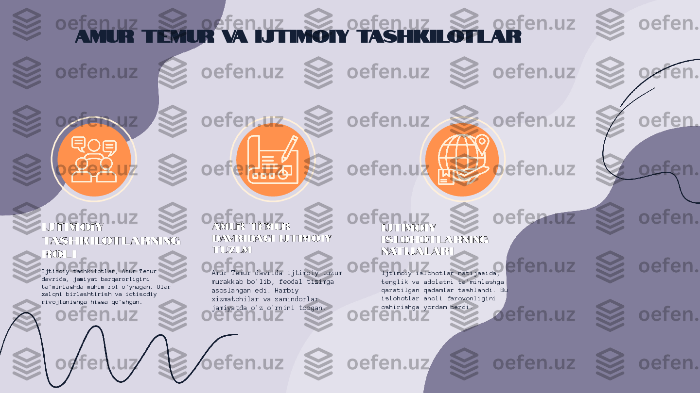 Amur Temur va Ijtimoiy Tashkilotlar
Ijtimoiy 
tashkilotlarning 
roli
Ijtimoiy tashkilotlar, Amur Temur 
davrida, jamiyat barqarorligini 
ta'minlashda muhim rol o'ynagan. Ular 
xalqni birlashtirish va iqtisodiy 
rivojlanishga hissa qo'shgan. Amur Temur 
davridagi ijtimoiy 
tuzum
Amur Temur davrida ijtimoiy tuzum 
murakkab bo'lib, feodal tizimga 
asoslangan edi. Harbiy 
xizmatchilar va zamindorlar 
jamiyatda o'z o'rnini topgan. Ijtimoiy 
islohotlarning 
natijalari
Ijtimoiy islohotlar natijasida, 
tenglik va adolatni ta'minlashga 
qaratilgan qadamlar tashlandi. Bu 
islohotlar aholi farovonligini 
oshirishga yordam berdi. 