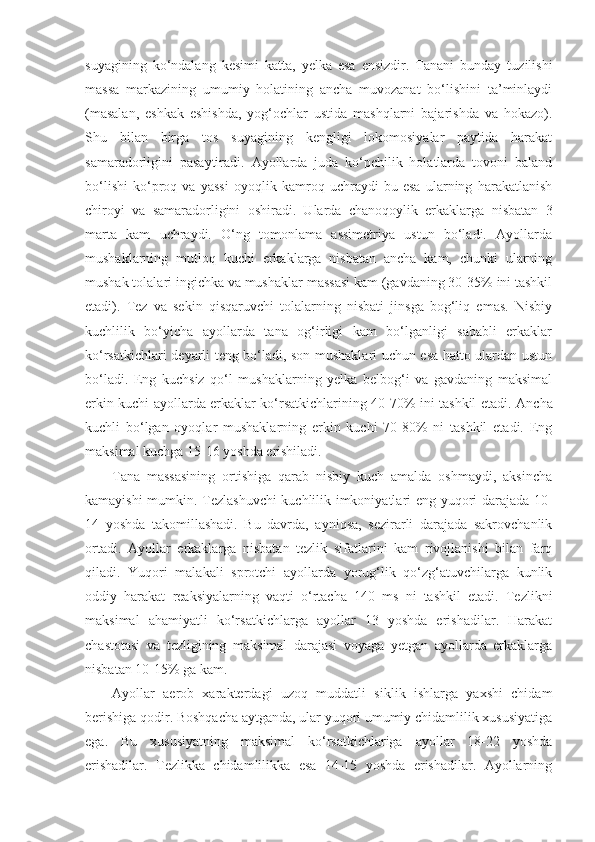 suyagining   ko‘ndalang   kesimi   katta,   yelka   esa   ensizdir.   Tanani   bunday   tuzilishi
massa   markazining   umumiy   holatining   ancha   muvozanat   bo‘lishini   ta’minlaydi
(masalan,   eshkak   eshishda,   yog‘ochlar   ustida   mashqlarni   bajarishda   va   hokazo).
Shu   bilan   birga   tos   suyagining   kengligi   lokomosiyalar   paytida   harakat
samaradorligini   pasaytiradi.   Ayollarda   juda   ko‘pchilik   holatlarda   tovoni   baland
bo‘lishi   ko‘proq   va   yassi   oyoqlik   kamroq   uchraydi   bu   esa   ularning   harakatlanish
chiroyi   va   samaradorligini   oshiradi.   Ularda   chanoqoylik   erkaklarga   nisbatan   3
marta   kam   uchraydi.   O‘ng   tomonlama   assimetriya   ustun   bo‘ladi.   Ayollarda
mushaklarning   mutloq   kuchi   erkaklarga   nisbatan   ancha   kam,   chunki   ularning
mushak tolalari ingichka va mushaklar massasi kam (gavdaning 30-35% ini tashkil
etadi).   Tez   va   sekin   qisqaruvchi   tolalarning   nisbati   jinsga   bog‘liq   emas.   Nisbiy
kuchlilik   bo‘yicha   ayollarda   tana   og‘irligi   kam   bo‘lganligi   sababli   erkaklar
ko‘rsatkichlari deyarli teng bo‘ladi, son mushaklari uchun esa hatto ulardan ustun
bo‘ladi.   Eng   kuchsiz   qo‘l   mushaklarning   yelka   belbog‘i   va   gavdaning   maksimal
erkin kuchi ayollarda erkaklar ko‘rsatkichlarining 40-70% ini tashkil etadi.   Ancha
kuchli   bo‘lgan   oyoqlar   mushaklarning   erkin   kuchi   70-80%   ni   tashkil   etadi.   Eng
maksimal kuchga 15-16 yoshda erishiladi. 
Tana   massasining   ortishiga   qarab   nisbiy   kuch   amalda   oshmaydi,   aksincha
kamayishi mumkin. Tezlashuvchi kuchlilik imkoniyatlari eng yuqori darajada 10-
14   yoshda   takomillashadi.   Bu   davrda,   ayniqsa,   sezirarli   darajada   sakrovchanlik
ortadi.   Ayollar   erkaklarga   nisbatan   tezlik   sifatlarini   kam   rivojlanishi   bilan   farq
qiladi.   Yuqori   malakali   sprotchi   ayollarda   yorug‘lik   qo‘zg‘atuvchilarga   kunlik
oddiy   harakat   reaksiyalarning   vaqti   o‘rtacha   140   ms   ni   tashkil   etadi.   Tezlikni
maksimal   ahamiyatli   ko‘rsatkichlarga   ayollar   13   yoshda   erishadilar.   Harakat
chastotasi   va   tezligining   maksimal   darajasi   voyaga   yetgan   ayollarda   erkaklarga
nisbatan 10-15% ga kam. 
Ayollar   aerob   xarakterdagi   uzoq   muddatli   siklik   ishlarga   yaxshi   chidam
berishiga qodir. Boshqacha aytganda, ular yuqori umumiy chidamlilik xususiyatiga
ega.   Bu   xususiyatning   maksimal   ko‘rsatkichlariga   ayollar   18-22   yoshda
erishadilar.   Tezlikka   chidamlilikka   esa   14-15   yoshda   erishadilar.   Ayollarning 