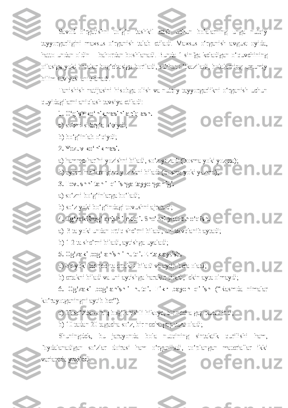 Savod   o‘rgatishni   to‘g‘ri   tashkil   etish   uchun   bolalarning   unga   nutqiy
tayyorgarligini   maxsus   o‘rganish   talab   etiladi.   Maxsus   o‘rganish   avgust   oyida,
hatto undan oldin  bahordan boshlanadi. Bunda 1-sinfga keladigan o‘quvchining
oilasiga yoki bolalar bog‘chasiga boriladi, suhbat o‘tkaziladi, bolalarning umumiy
bilim saviyasi aniqlanadi.
Tanishish  natijasini   hisobga  olish   va  nutqiy  tayyorgarlikni   o‘rganish   uchun
quyidagilarni aniqlash tavsiya etiladi:
1. O‘qish ko‘nikmasini aniqlash.
a) so‘zni sidirg‘a o‘qiydi;
b) bo‘g‘inlab o‘qiydi;
2. Yozuv ko‘nikmasi.
a) hamma harfni yozishni biladi, so‘z yozadi (bosma yoki yozma);
b) ayrim harflarnigina yozishni biladi (bosma yoki yozma);
3. Tovushni tahlil qilishga tayyorgarligi.
a) so‘zni bo‘g‘inlarga bo‘ladi; 
b) so‘z yoki bo‘g‘indagi tovushni ajratadi;
4. Og‘zaki bog‘lanishli nutqi. She’rni yoddan o‘qish.
a)  3 ta yoki undan ortiq she’rni biladi, uni zavqlanib aytadi;
b) 1-2   ta she ’ rni biladi, aytishga uyaladi ;
5.   O g‘ zaki bo g‘ lanishli nutq i . Ertak aytish.
a) bir yoki bir nechta ertakni biladi  va  ayti b bera oladi;
b) ertakni biladi va uni aytishga harakat qiladi, lekin ayta olmaydi;
6.   Og‘zaki   bog‘lanishli   nutqi.   Fikr   bayon   qilish   (“Rasmda   nimalar
ko‘rayotganingni aytib ber”).
a) 20 so‘zdan ortiq bo g‘ lanishli hikoya, bir necha gap  tuza oladi;
b) 10   tadan 20 tagacha so‘z, bir necha gap  tuza oladi;
S h uningdek,   bu   jarayonda   bola   nutqining   sintaktik   qurilishi   ham,
foydalanadigan   so‘zlar   doirasi   ham   o‘rganiladi,   to‘plangan   materiallar   ikki
variantda yoziladi. 