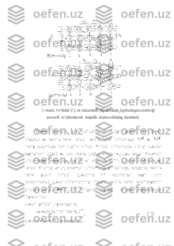 5-rasm. Yо‘lakli (A) va shaxmatli (B) tartibda joylashagan doiraviy
quvurli  tо‘plamlarda  issiqlik  tashuvchining harakati.
Keyingi   qatorlarda   oqim   turbulentlanishi   tufayli   aylanib   о‘tish   tavsifi
о‘zgaradi   va   issiqlik   berish   oshadi.   Issiqlik   berish   tо‘plamdagi  x1/d   va  	x2/d
nisbiy   qadamlarga   ham   bog‘liq   bо‘ladi.   Yо‘lakli   tо‘plamlarda   oldingi   quvurlar
keyingilarni   tо‘sadi   va   ular   orasida   turg‘un   sohalar   vujudga   keladi.   Shaxmatli
tо‘plamlarda   barcha   quvurlar   bir   xil   sharoitda   bо‘lib   turbulentlanish   darajasi
oshadi.   Shuning   uchun,   shaxmatli   tо‘plamlarda   yо‘laklilarga   qaraganda   issiqlik
berish   yuqori   bо‘ladi.   Quvurning   3-4   qatorlaridan   keyin   oqim
barqarorlashadi.Quvur   tо‘plamlarining   о‘rtacha   issiqlik   berish   koeffitsiyentini
aniqlash   uchun,  	
Rе	=10	3...10	5   bо‘lganda   quyidagi     kriterial   tenglamalardan
foydalaniladi:
quvurli  yо‘lakli  joylashaganda 
;                                                             (12)
quvurlar shaxmatli  joylashganda  