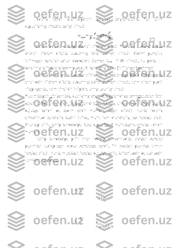 Issiqlik   berish   koeffitsiyentini   aniqlash   tenglamalarida   har   doim
suyuqlikning о‘rtacha tezligi olinadi:w	трт	=	1
F	∫	wdF	=	V
F
(4)
Ba’zi   о‘xshash   sonlarga   chiziqli   о‘lcham   kiradi.   Yumaloq   quvurlar   uchun
chiziqli   о‘cham   sifatida   quvurning   ichki   diameri   olinadi.   Kesimi   yumaloq
bо‘lmagan   kanallar   uchun   ekvivalent   diametr   d
ekv   =4F/S   olinadi,   bu   yerda   F–
kanalning kо‘ndalang kesim yuzasi; S–kanalning tо‘liq (hо‘llangan) perimetri.
Oqim   quvurni   yoki   quvurlar   tо‘plamini   kо‘ndalangiga   yuvib   о‘tayotganda
aniqlovchi  о‘lcham   sifatida quvurning tashqi  diametri  olinadi;   oqim  plitani  yuvib
о‘tayotganda, oqim о‘nalishi bо‘yicha uning uzunligi oinadi.
Yuqoridaaytib о‘tilganidek, suqlikning erkin xarakatlanishiga temperaturalar farqi
sabab   bо‘ladi.   Bu   erkin   harakatlanishfaqat   issiqlik   almashinuv   bо‘lgandagina
vujudga   kelishi   va   davom   etishi   mumkin,   degan   sо‘zdir.   Bunda   issiqlik
almashinuvi   qanchalik   kuchli   bо‘lsa,   muhit   ham   shunchalik,   tez   harakat   qladi.
Shunday   qilib,   tabiiy   konveksiya   faqat   suyuq   (gaz)   muhitdagina   amalga   oshishi
mumkin.
Tabiiy   konveksiya   yо‘li   bilan   issiqlik   almashnuvida   qizigan   zarralar
yuqoridan   tushayotgan   sovuq   zarralarga   qarshi,   ‘ni   pastdan   yuqoriga   tomon
harakat qiladi. Bunda murakkab harakat vujudga kelib, kо‘tariluvchi va tushuvchi
oqimlar tо‘qnashadi. 