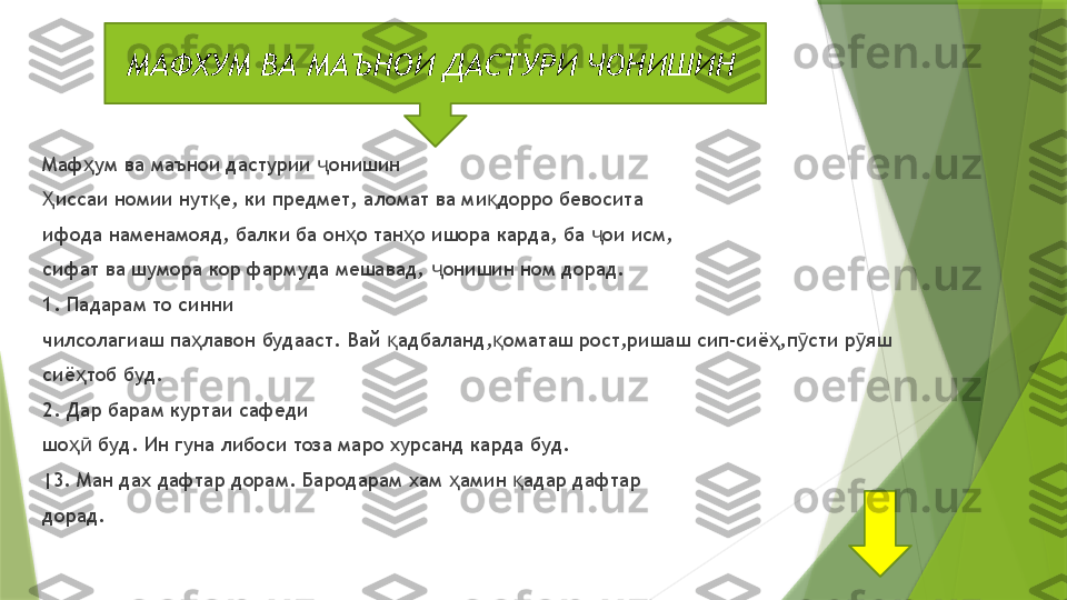 МАФХУМ ВА МАЪНОИ ДАСТУРИ ЧОНИШИН 
Маф ум ва маънои дастурии  онишинҳ ҷ
иссаи номии нут е, ки предмет, аломат ва ми дорро бевосита	
Ҳ қ қ
ифода наменамояд, балки ба он о тан о ишора карда, ба  ои исм,	
ҳ ҳ ҷ
сифат ва шумора кор фармуда мешавад,  онишин ном дорад.	
ҷ
1. Падарам то синни
чилсолагиаш па лавон будааст.	
ҳ  Вай  адбаланд, оматаш рост,ришаш сип-сиё ,п сти р яш 	қ қ ҳ ӯ ӯ
сиё тоб буд.	
ҳ
2. Дар барам куртаи сафеди
шо  буд.
ҳӣ  Ин гуна либоси тоза маро хурсанд карда буд.
|3. Ман дах дафтар  дорам . Бародарам хам  амин  адар дафтар	
ҳ қ
дорад.                 