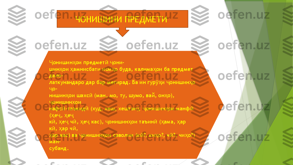 ЧОНИШИНИ ПРЕДМЕТИ 
онишин ои предмет   они-Ҷ ҳ ӣ ҷ
шин ои  амнисбати исм о буда, калима ои ба предмет 	
ҳ ҳ ҳ ҳ
дало-
латкунандаро дар бар мегирад. Ба ин гур и  онишин о 	
ӯҳ ҷ ҳ
о-	
ҷ
нишин ои шахс  (ман, мо, ту, шумо, вай, он о), 	
ҳ ӣ ҳ
онишин ои	
ҷ ҳ
нафс -таъкид  (худ, хеш, хештан),  онишин ои манф  	
ӣ ӣ ҷ ҳ ӣ
( е ,  е	
ҳ ҷ ҳ ҷ
к ,  е  ч ,  е  кас),  онишин ои таъин  ( ама,  ар 
ӣ ҳ ҷ ӣ ҳ ҷ ҷ ҳ ӣ ҳ ҳ
к ,  ар ч ,
ӣ ҳ ӣ
ар кас) ва  онишин ои саволии (к ?, ки о?, ч ?, чи о?) 
ҳ ҷ ҳ ӣ ҳ ӣ ҳ
ман-
субанд.                 