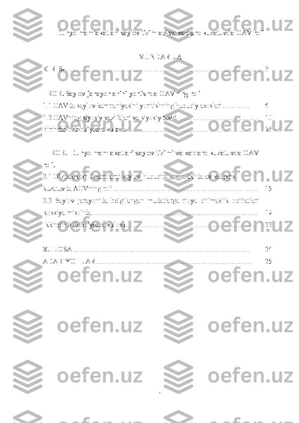 Dunyo mamlakatlari saylov tizimlari va xalqaro kuzatuvda OAV roli
MUNDARIJA
KIRISH ……………………………………………………………………. 3
I BOB. Saylov jarayonlarini yortishda OAVning roli
1.1 OAVda saylov kampaniyasini yoritishning huquqiy asoslari………… 6
1.2 OAVning siyosiy vazifalari va siyosiy tasiri ……………………………. 10
Birinchi bob bo’yicha xulosa………………………………………………. 13
II BOB.  Dunyo mamlakatlari saylov tizimi va xalqaro kuzatuvda OAV
roli. 
2.1 O’zbekiston fuqarolarni saylov huquqini taminlashda av xalqaro 
kuzatuvda AOVning roli………..……………………………………… …… 15
2.2   Saylov   jarayonida   belgilangan   mudatlarga   rioya   qiilmaslik   oqibatlari
Rossiya misolida…........................................................................................... 19
Ikkinchi bob bo’yicha xulosa………………………………………………… 22
XULOSA …………………………………………………………………. 24
ADABIYOTLAR …………………………………………………………. 25
                                                 
                                                    
1 